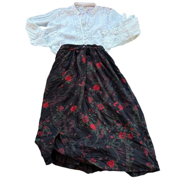 Vintage Talbots Black Floral Midi Skirt w/ Pockets Cottagecore M USA - Picture 1 of 4